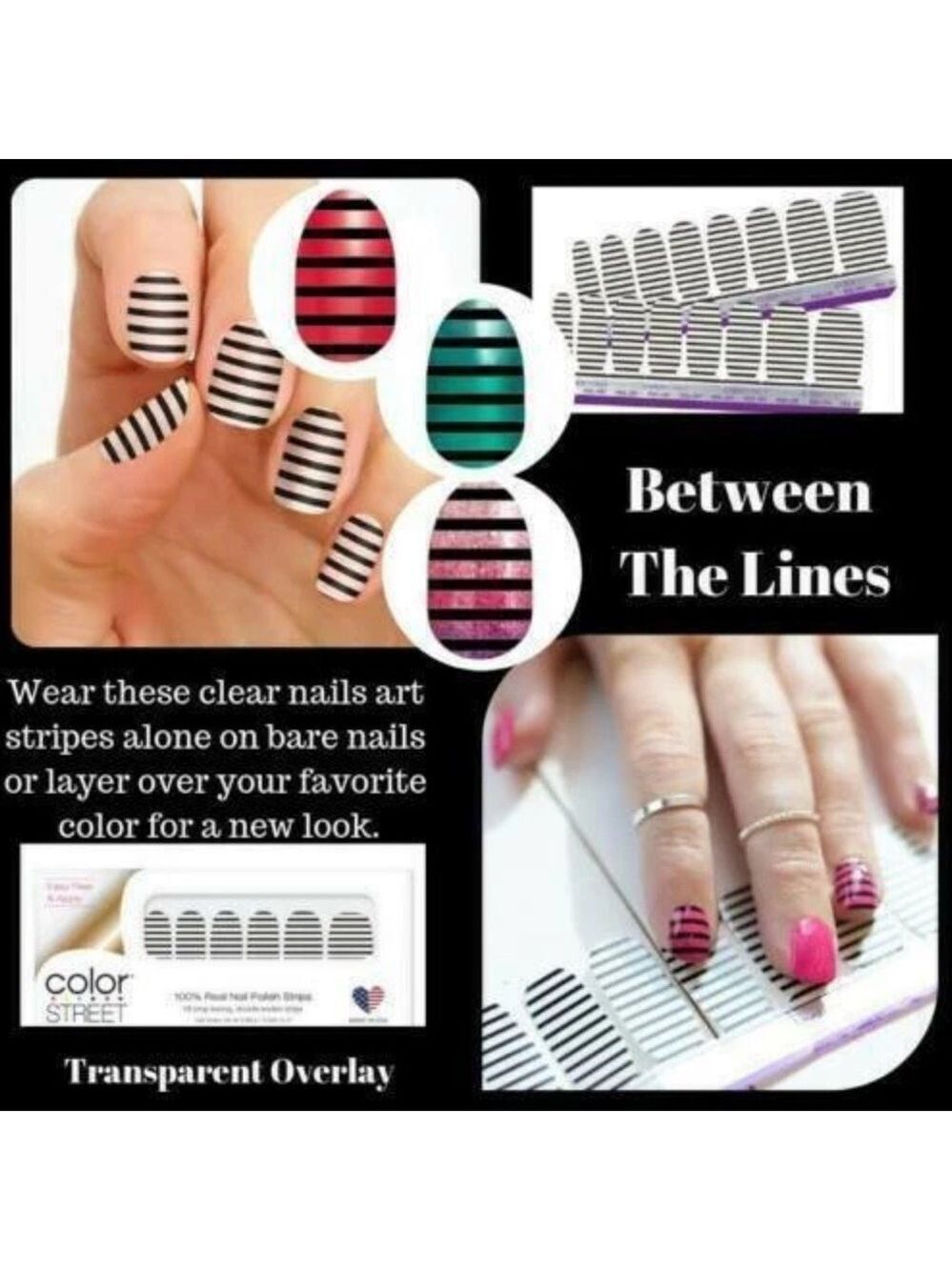 Color Street BETWEEN THE LINES Nail Strips Black Stripes Overlay RETIRED!